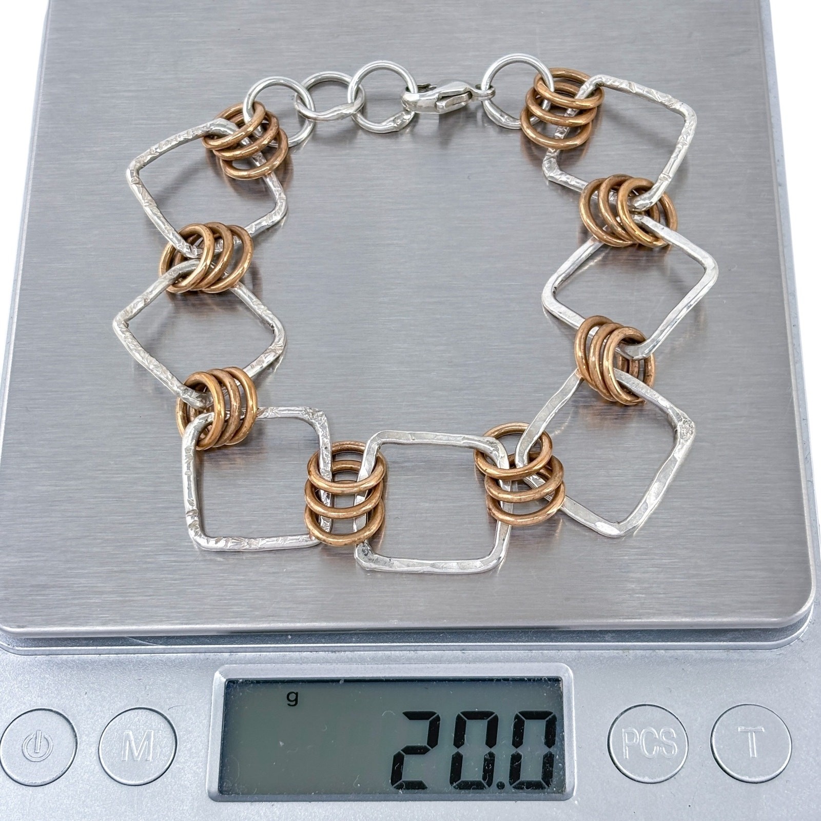 Vintage Sterling Silver 925 Mixed Metal Geometric Link Bracelet 7.5″-8″