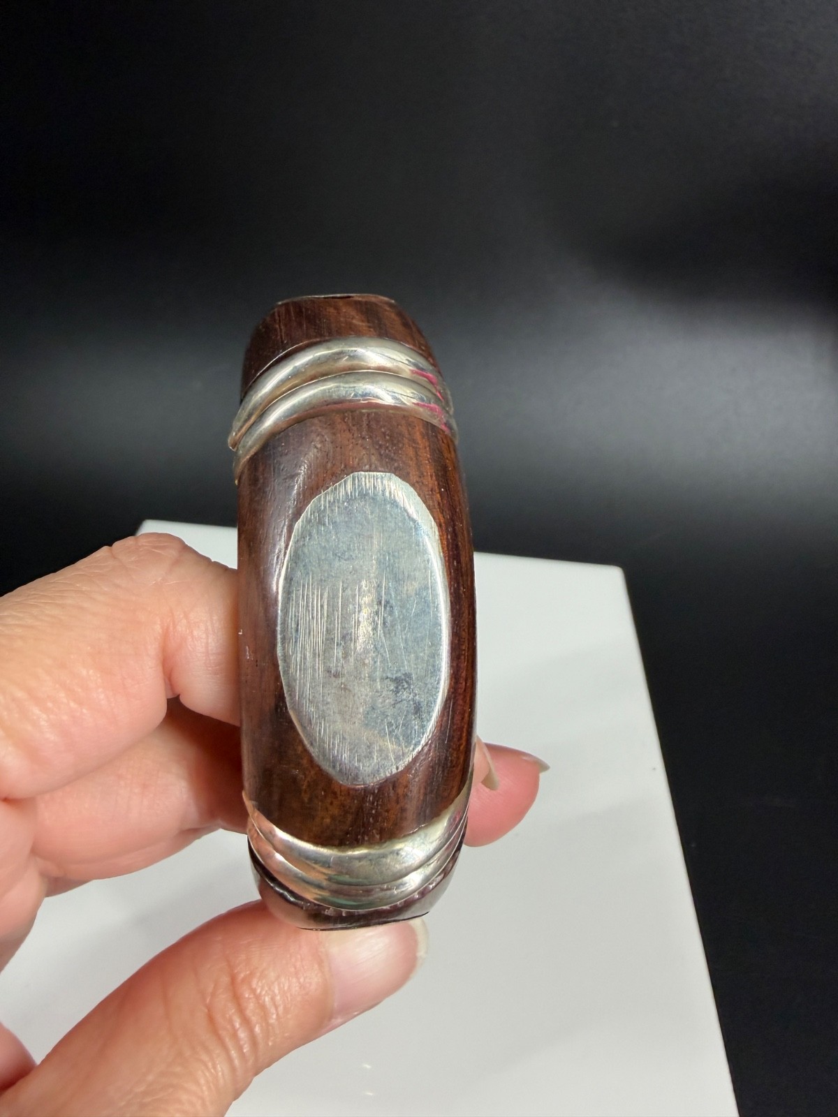 Vintage India Wood Silver Tone Bangle Bracelet Chunky Tribal Boho Statement 8″