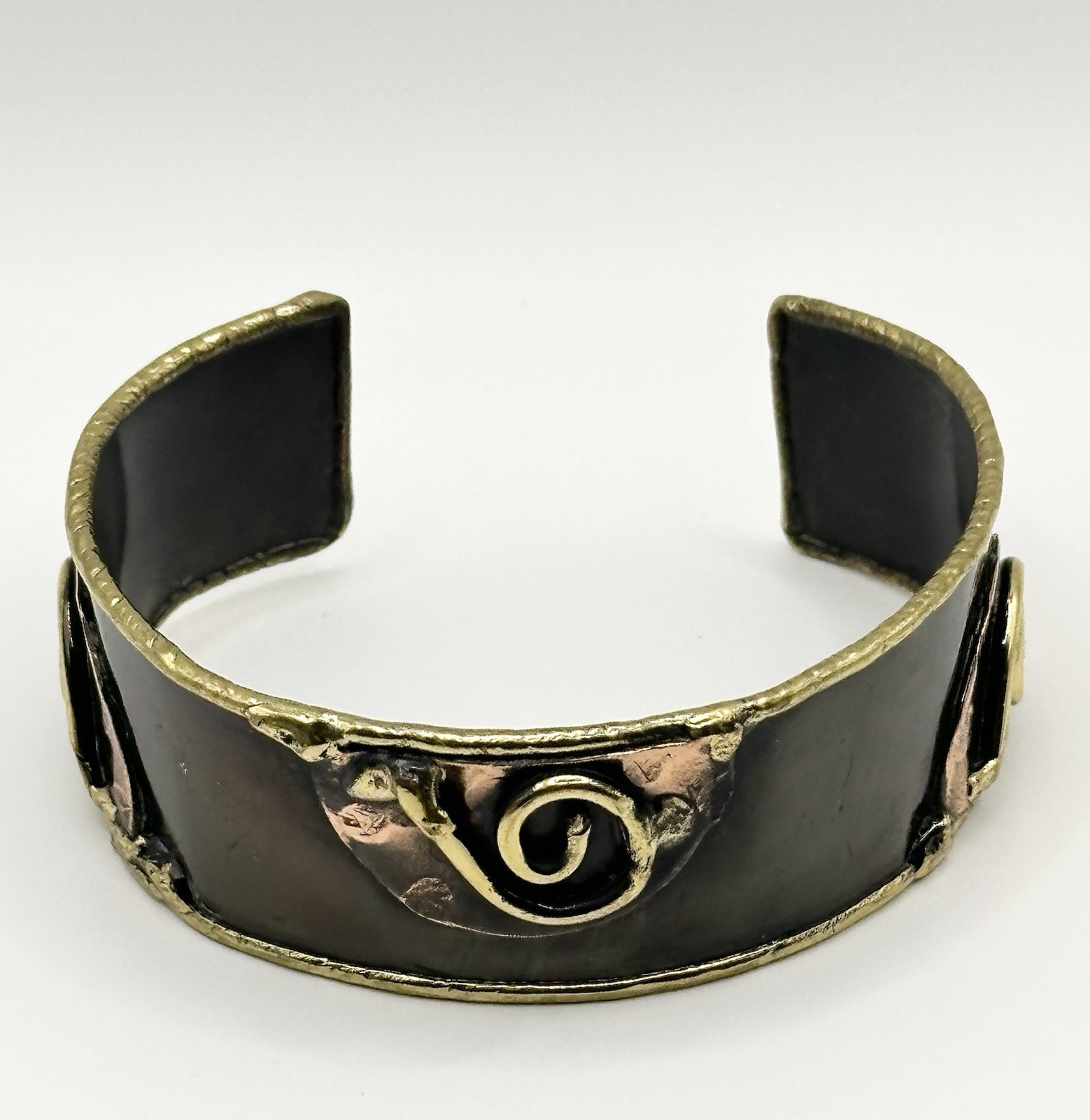Vintage Brutalist Mixed Metals Cuff Bracelet Brass Copper Modernist Adjustable