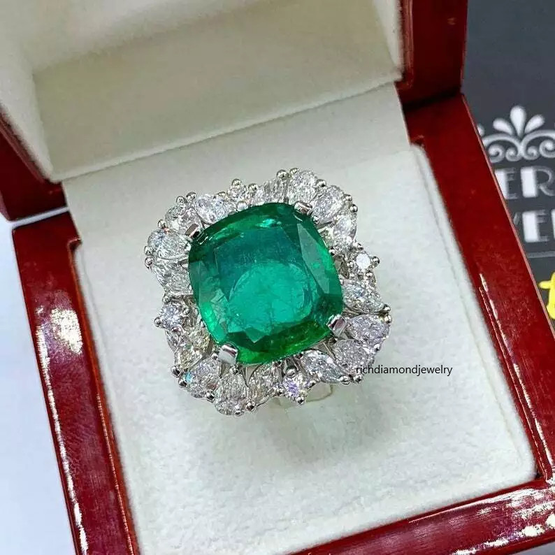 Cluster Design Cushion Cut Green Emerald With Multi Shape CZ 14.03TCW Women Ring