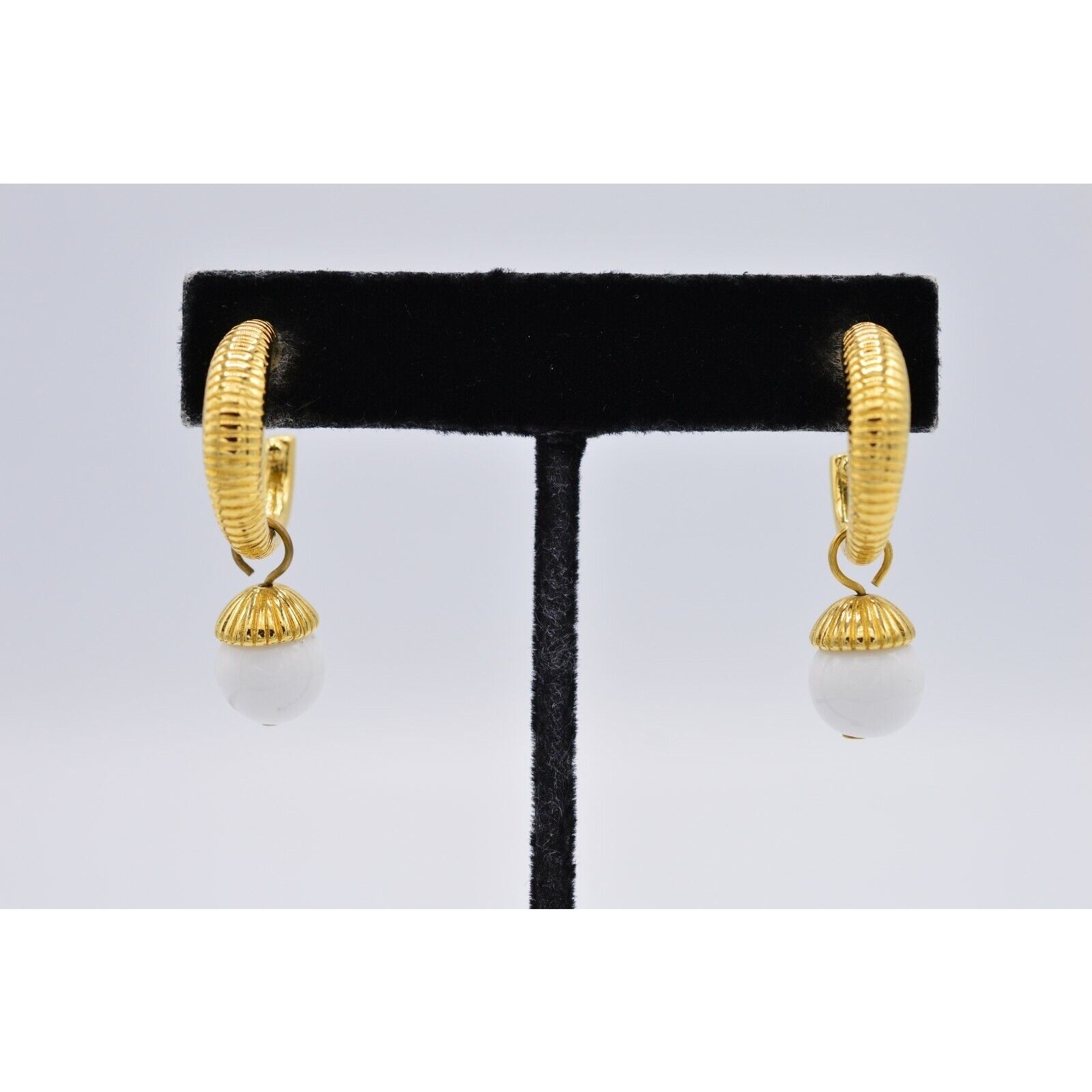 Vintage Hoop Drop Earrings Gold White Bead Pearl Dangle Pierced NOS 1980s BinX