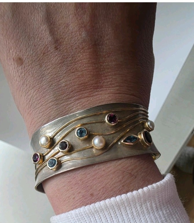 Sterling Silver 925 Artisan Cuff & Ring Set Mixed Metal Gold Accents Multi Stone