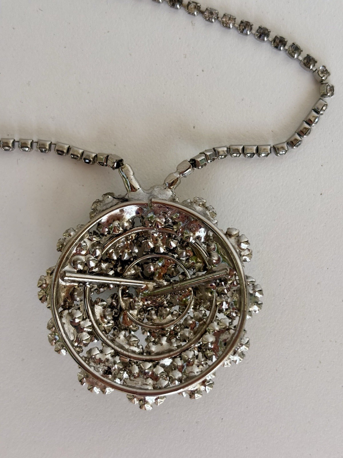 Vintage Rhinestone Floret Necklace 1.75″ Pendant Silver Tone Mid Century