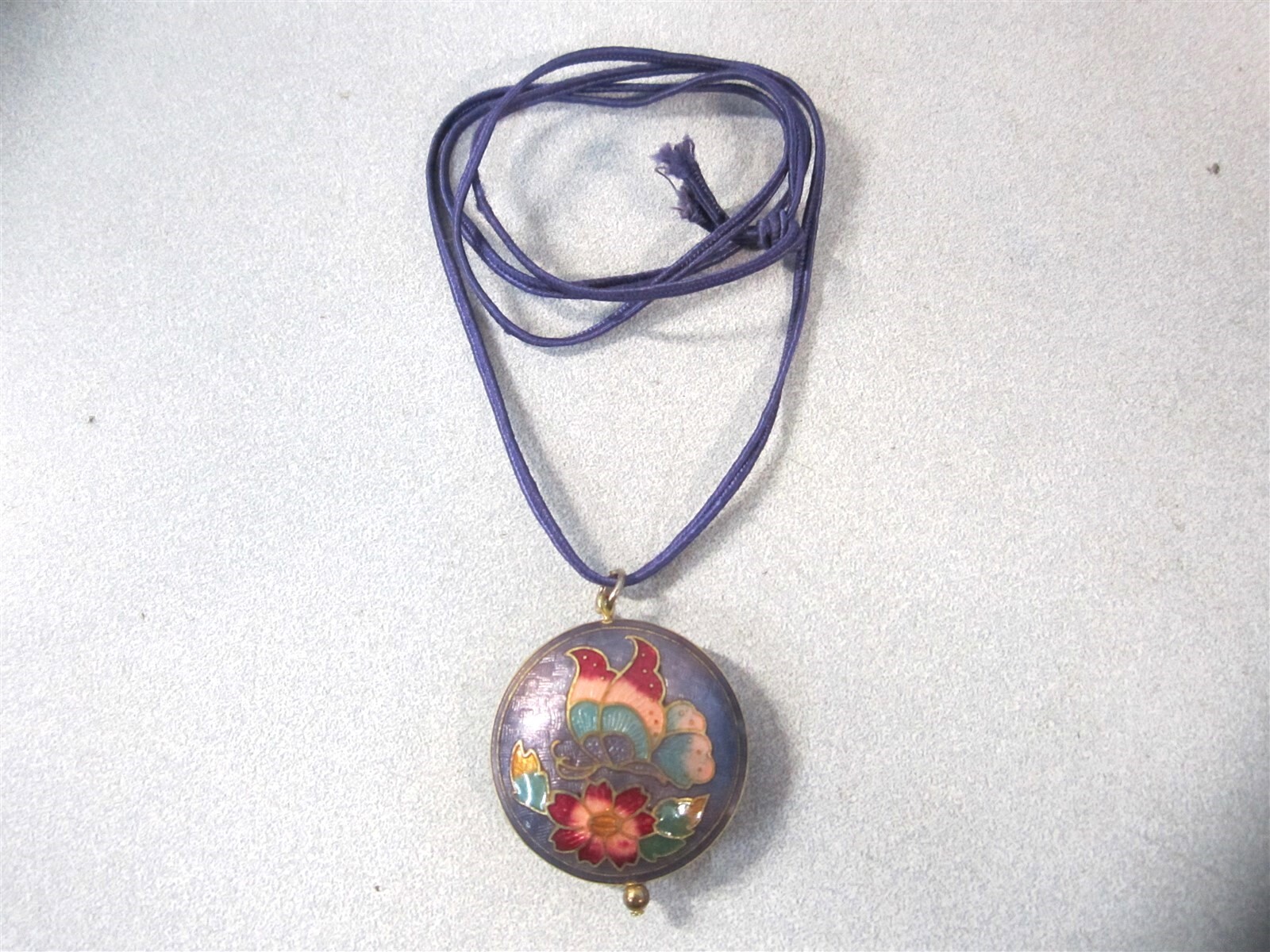 Vintage 1-1/2″ Cloisionne Pink/Red Butterfly w/ Purple Background Puffy Pendant