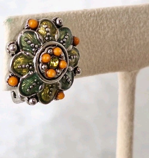 VTG Dainty Enameled Art Deco Floral Cluster Silver Clip-on Earrings Green Orange