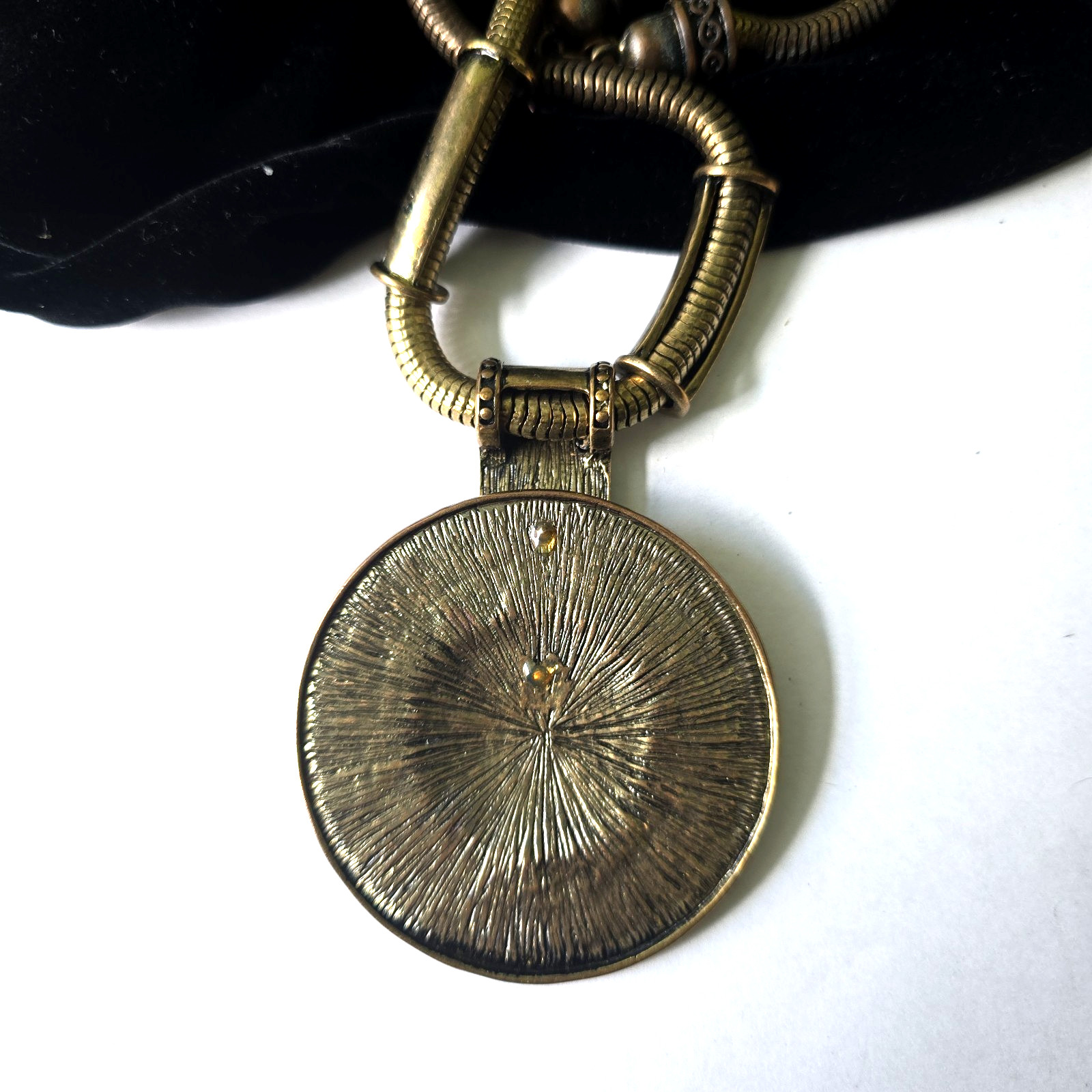 Vintage Bronze Tone Boho Etruscan Style Pendant Chain Necklace 20″L