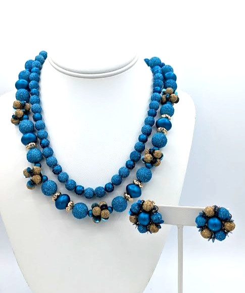 Vintage JAPAN Necklace Earring Set Blue Sugar Bead Floral Cluster