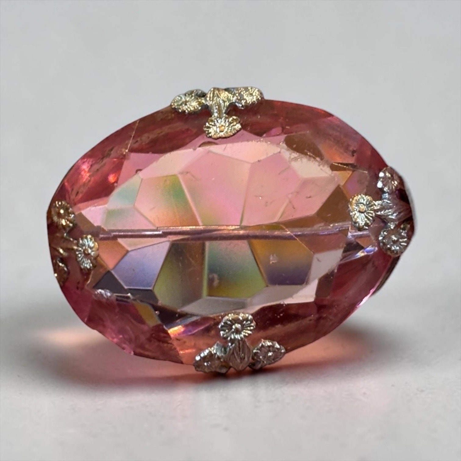 Vintage Pink Art Glass Brooch Faceted Crystal Cabochon Silver Tone Pin