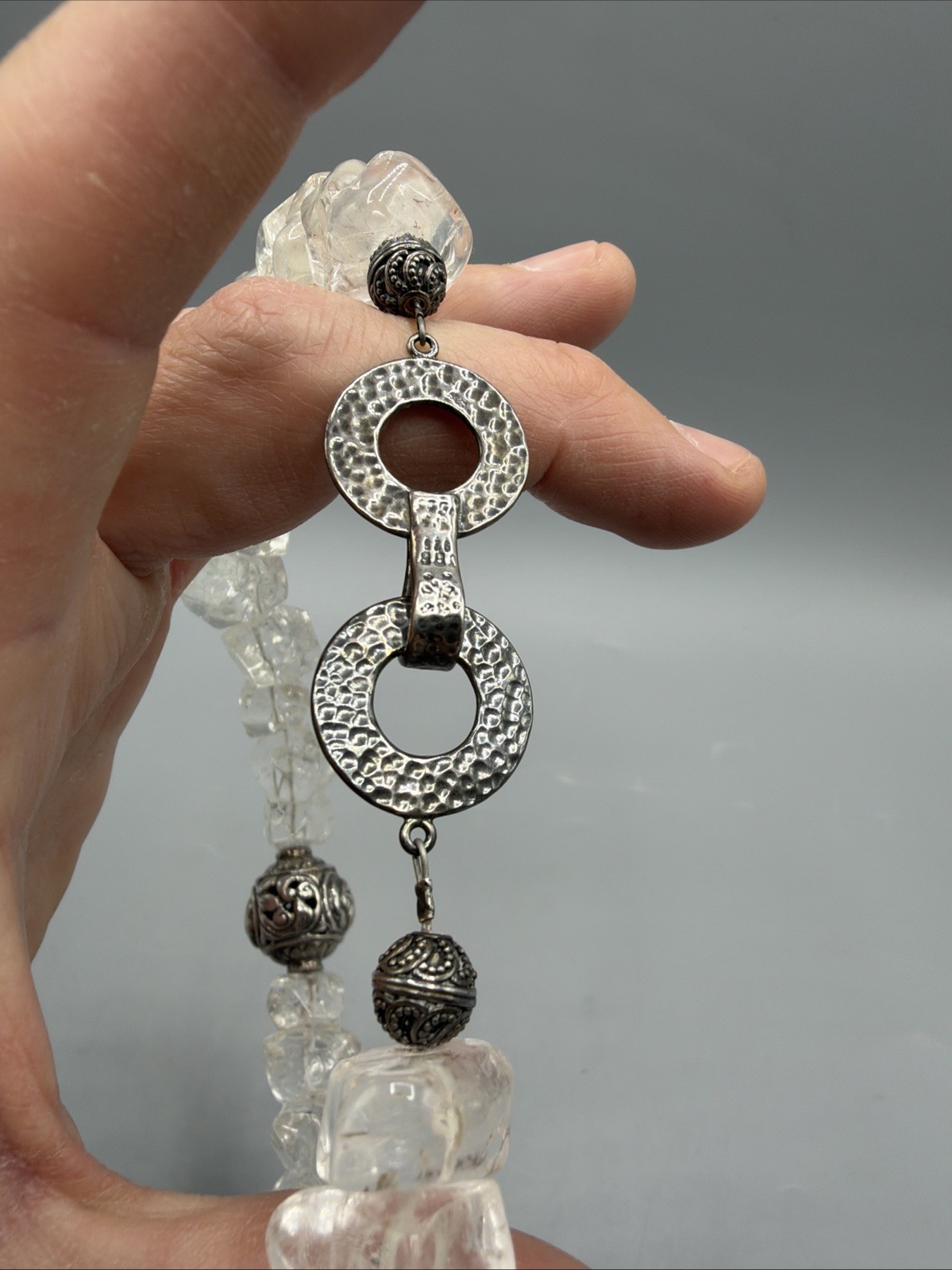 JBB 925 STERLING SILVER, Clear QUARTZ And Bead PENDANT CHOKER NECKLACE 16”