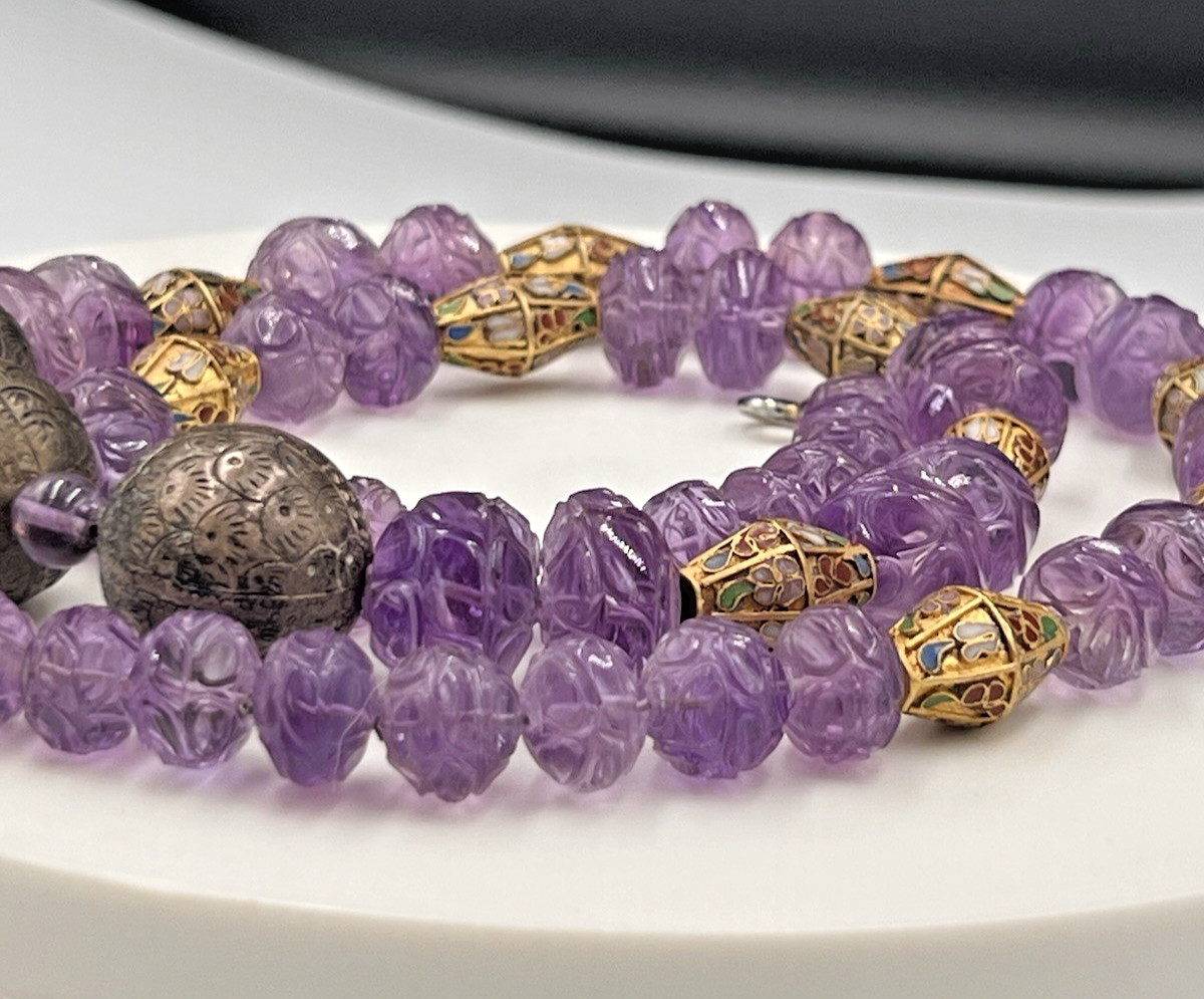 Vtg Chinese Carved Amethyst Bead & Gold Cloisonne Necklace, 168 grams, 30″ Long