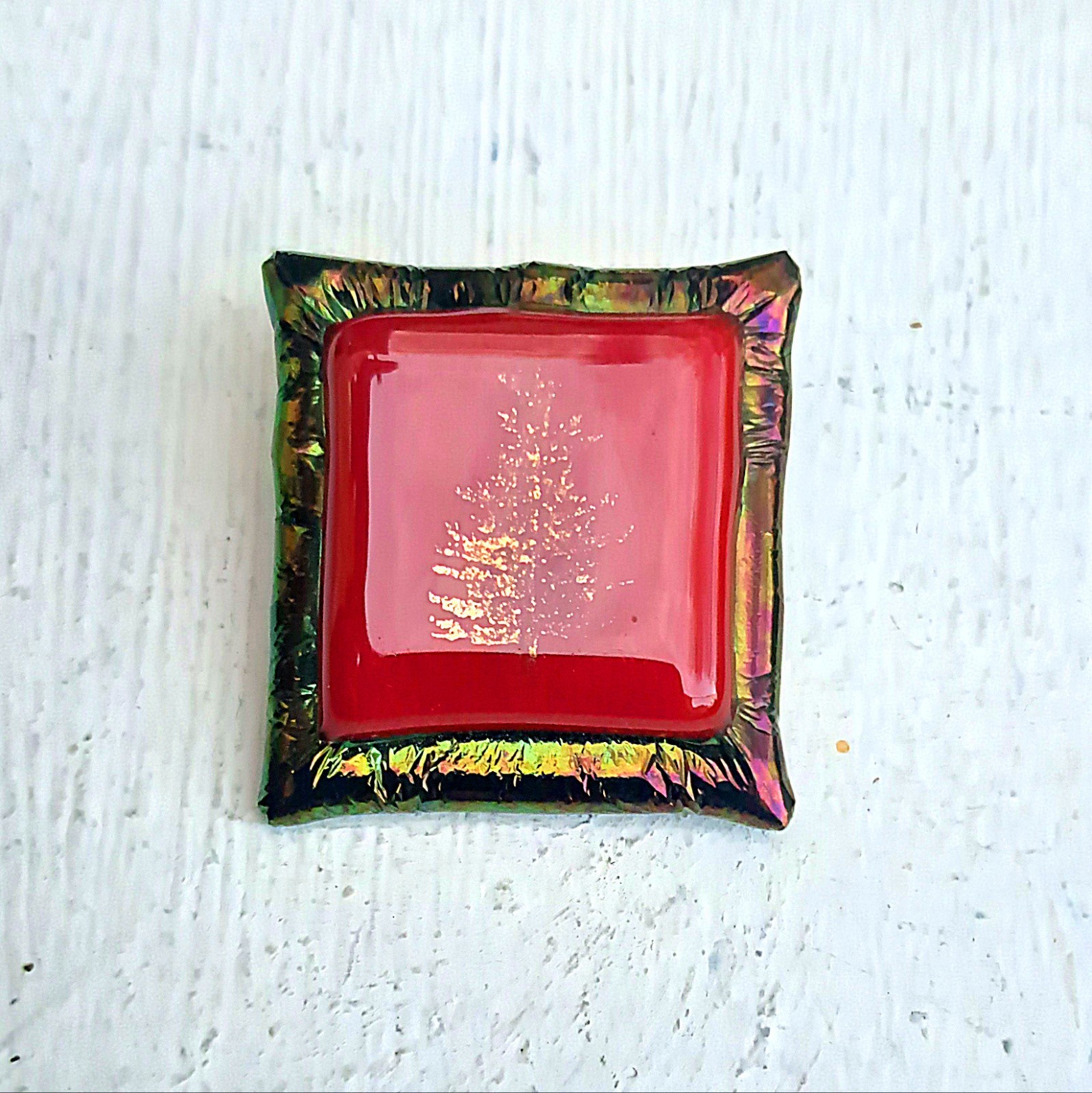 Vintage Handmade Dichroic Brooch—Nature Scene—Red Goldtone and Iridescent Green