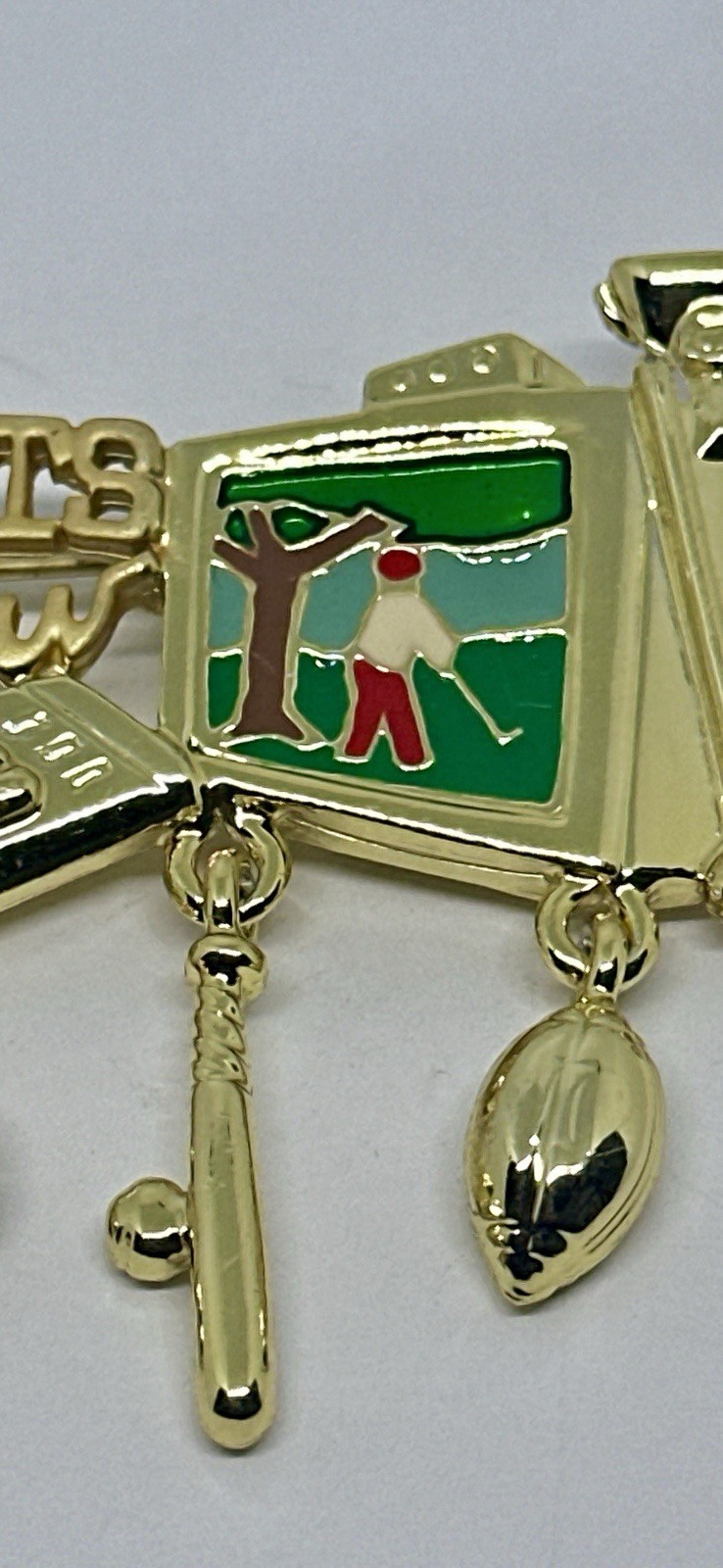 Vintage 1980s Danecraft Sports Widow Gold Tone Brooch Pin Dangle Charms