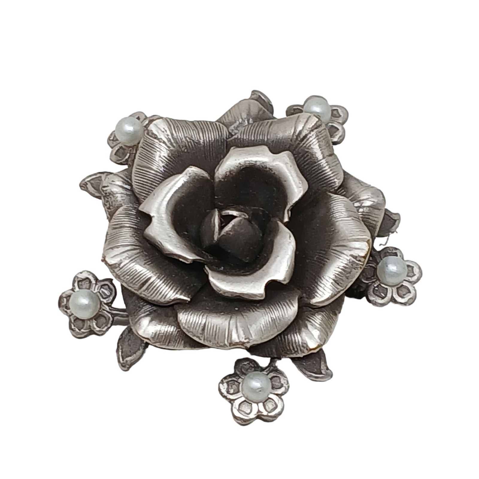 Vintage Pewter Tone Wild Rose Brooch Pin With Faux Pearls 1.5″ #G-10