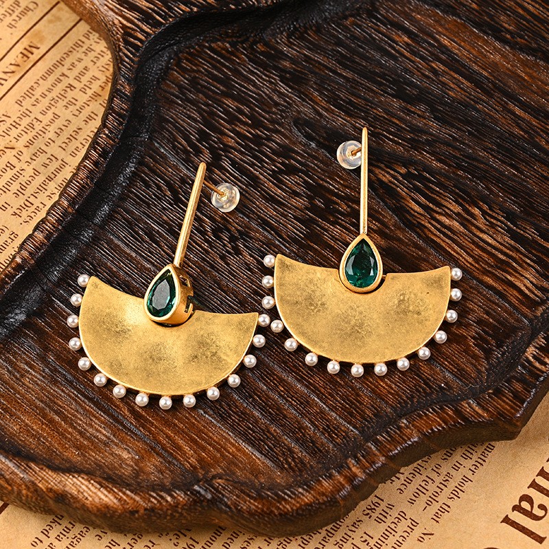 Vintage Dangle Earrings Palace Gold Fan Leaf Real Pearl Art Deco Jewelry