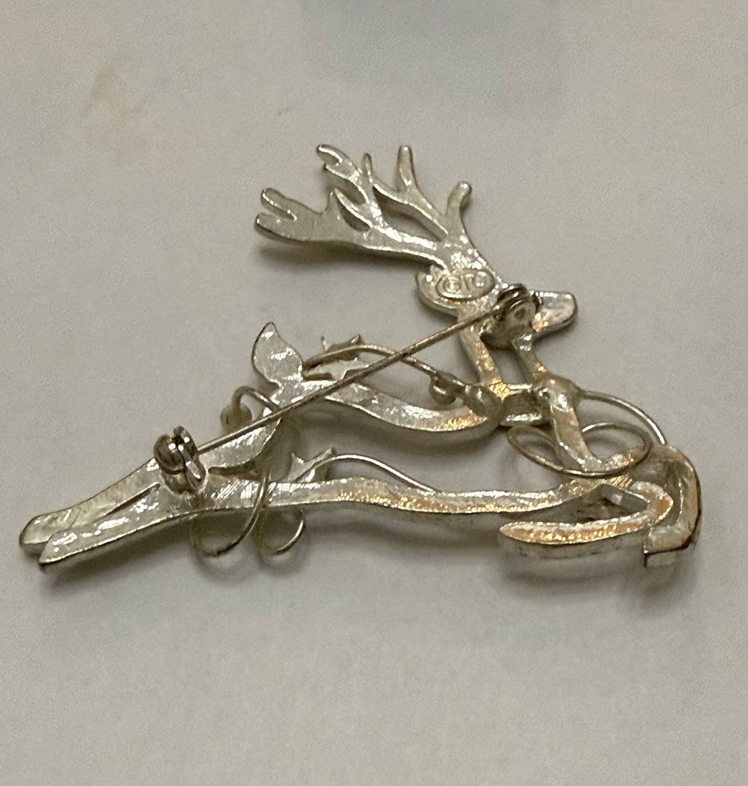 Silver Tone Reindeer Brooch Pin Accented with Aurora Borealis Rhinestones 2.5