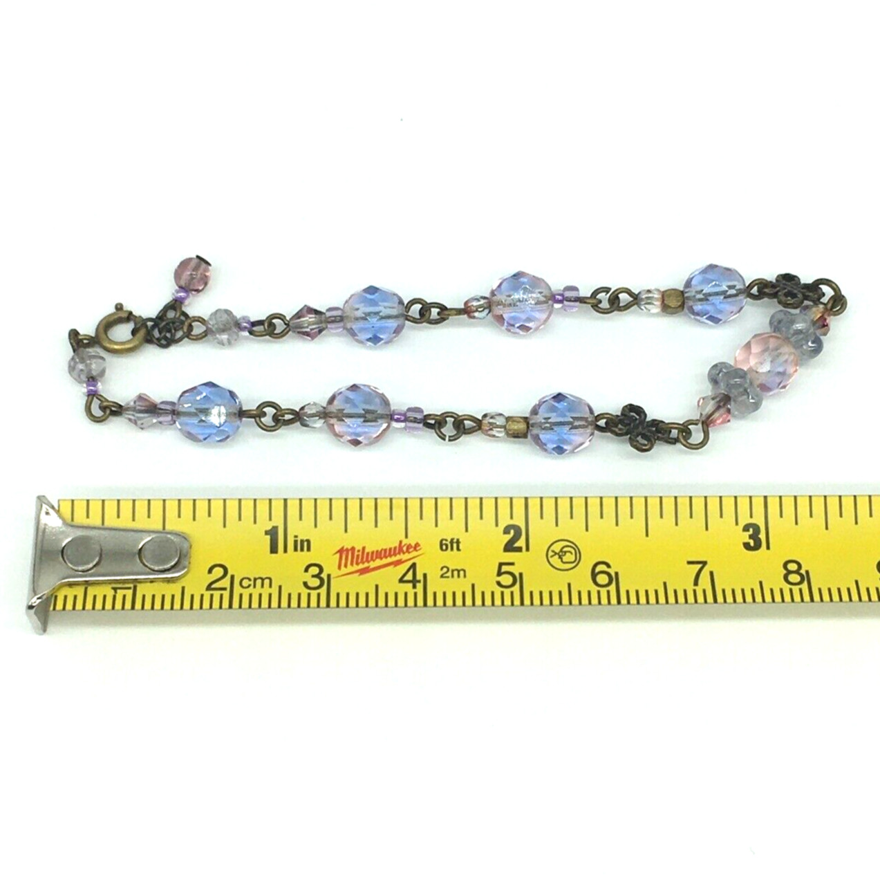 Blue Violete Pink Bead Bracelet Handmade Dark gold tone hardware dainty