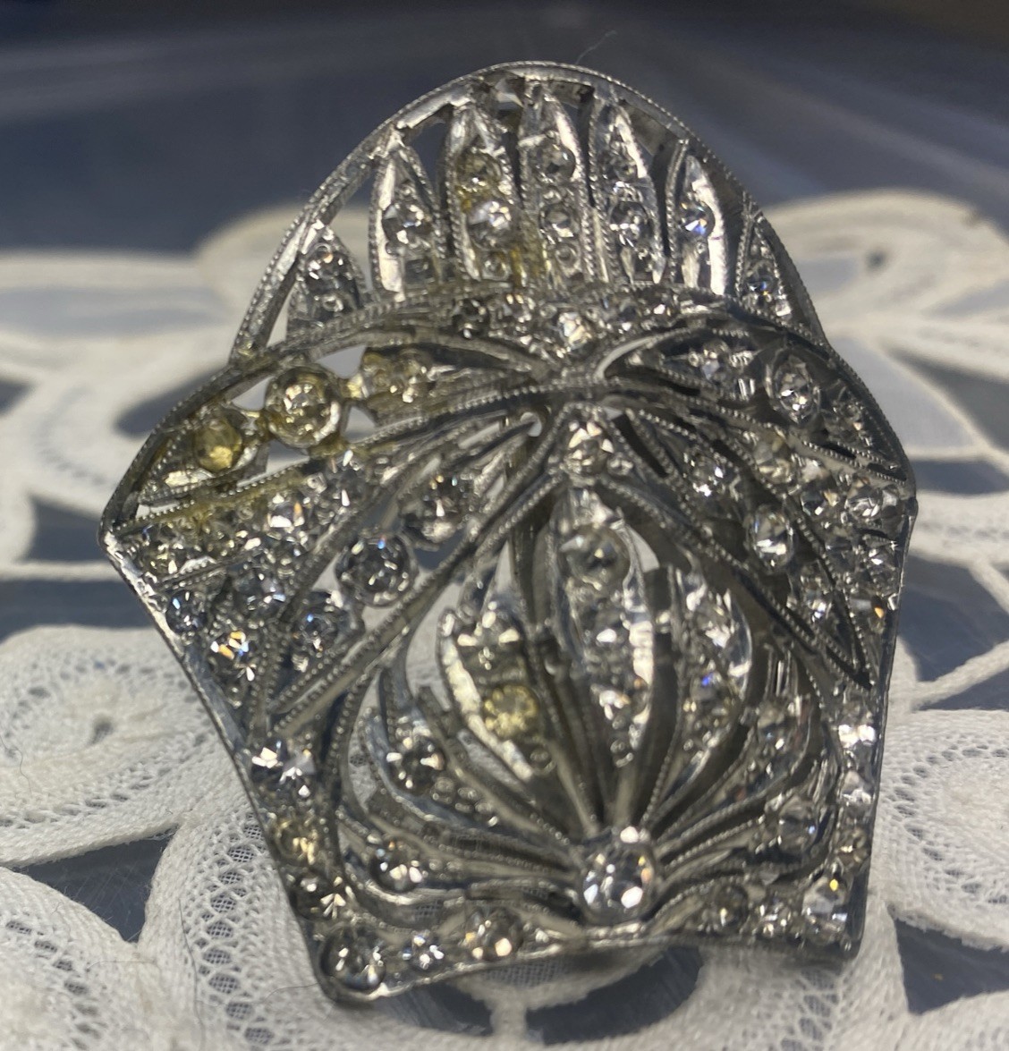 Vintage Art Deco Engraved Fishsom Silver it’s Clear Rhinestone Brooch Shield