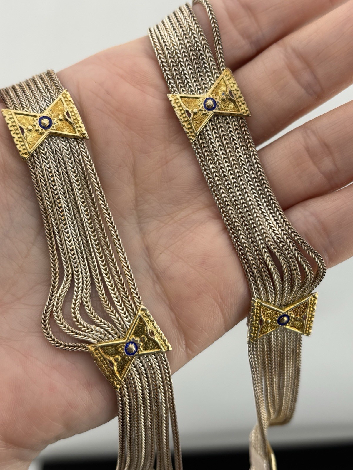 Vtg Anatoli Sterling Silver Enamel Necklace Gold Vermeil Station Pendants 17″
