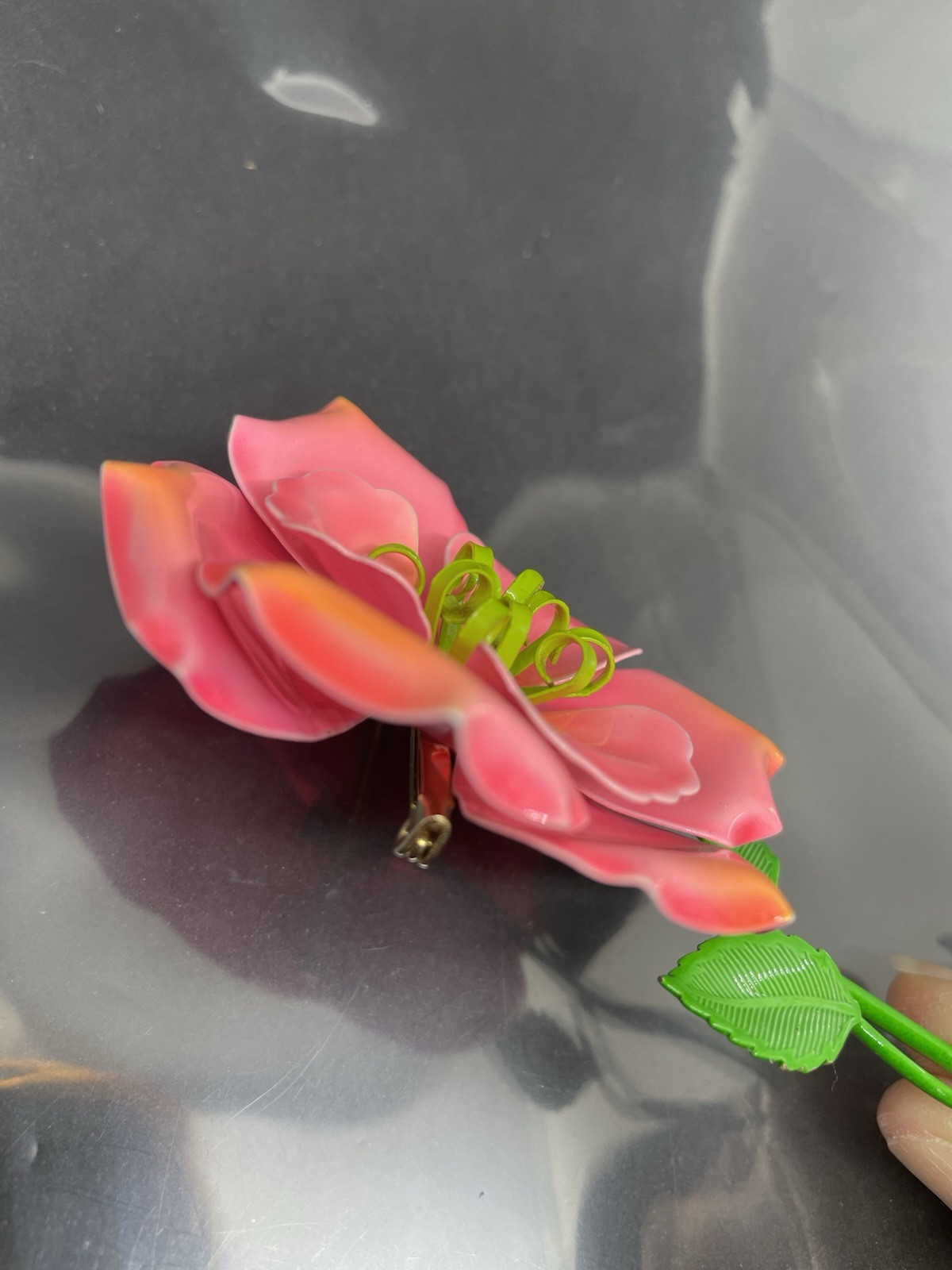 Vintage 1960’s MCM Pink And Green Enamel Layered Flower W/Stem 4.75” Brooch Pin