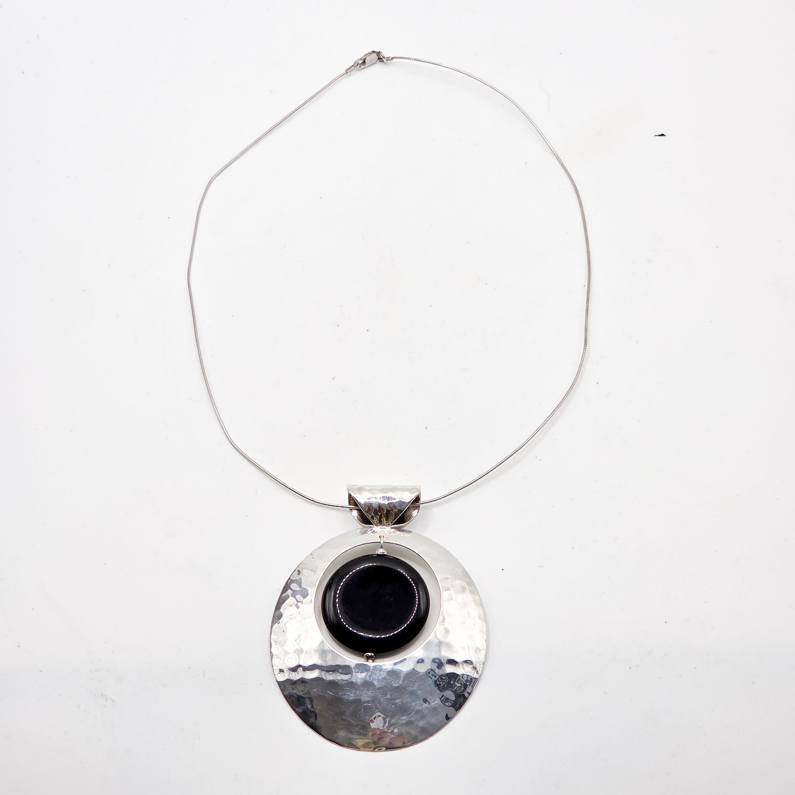 Large Dominique Dinouart 925 Silver Pendant Hammered Onyx Dangle Accent Vintage