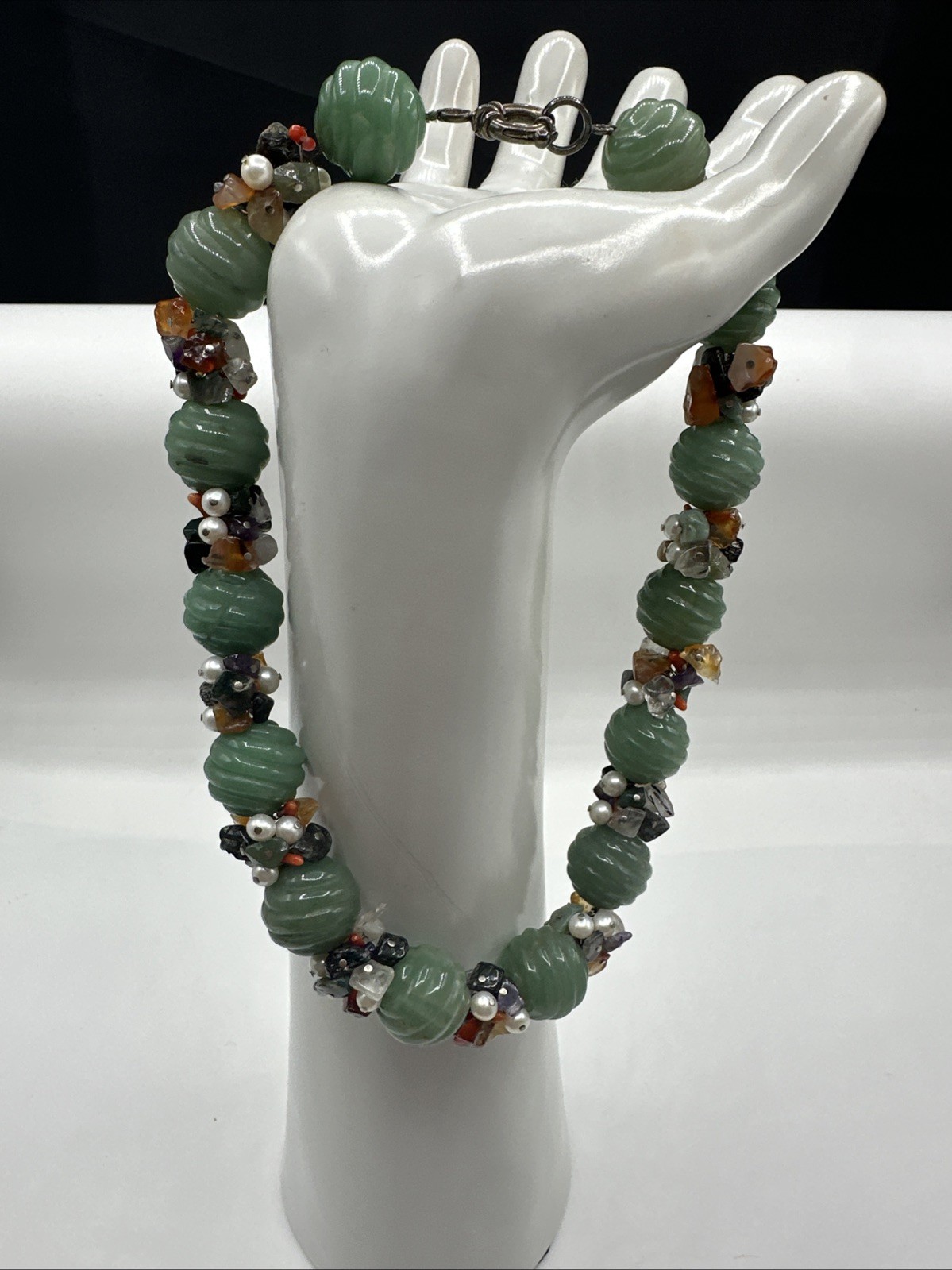 Unique Jadeite and Semiprecious Stones Vtg Necklace. Sterling Silver Closure.
