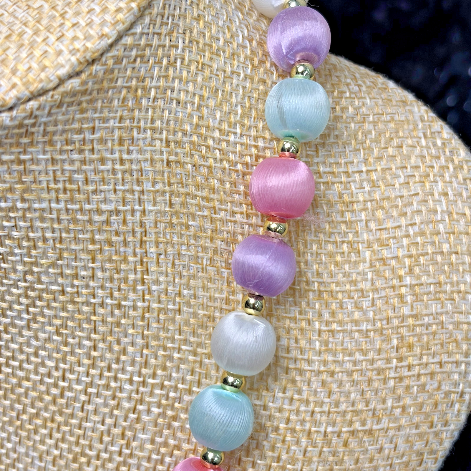 Vintage 80s Purple Pink Green White Pastel Handmade Satin Silk Bead Necklace