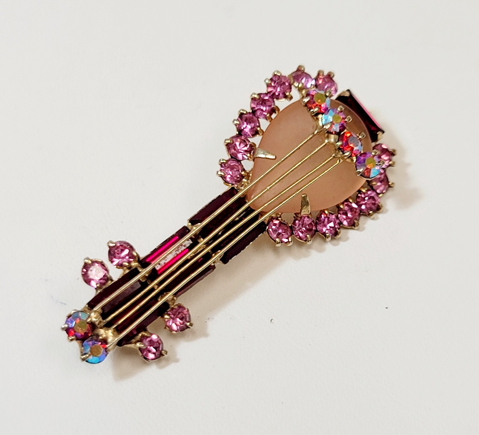 Vintage Estate High End Red Pink AB Rhinestone Lute Guitar Brooch