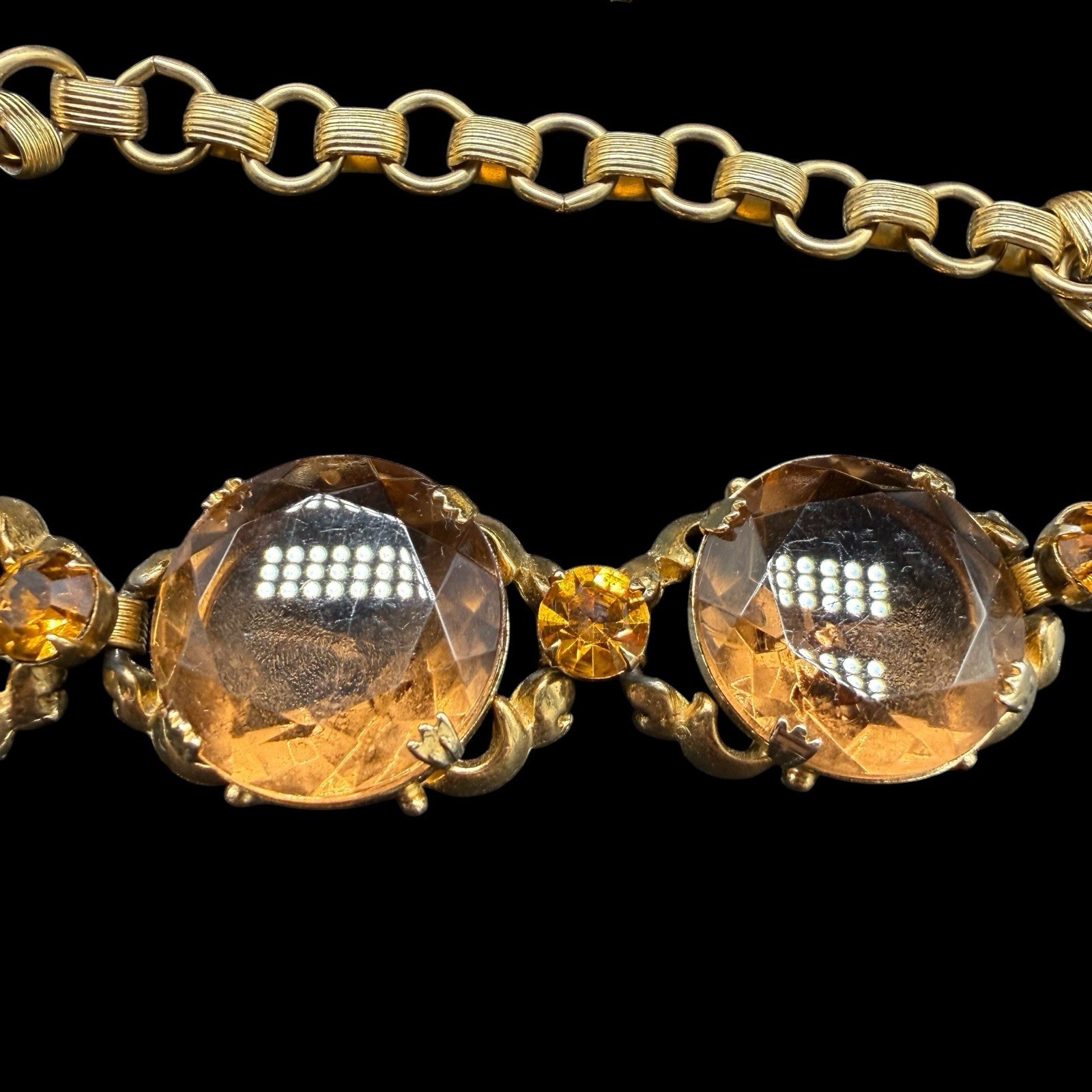 Riviere Statement Necklace & Bracelet Set Smokey Topaz Glass Collet Vintage