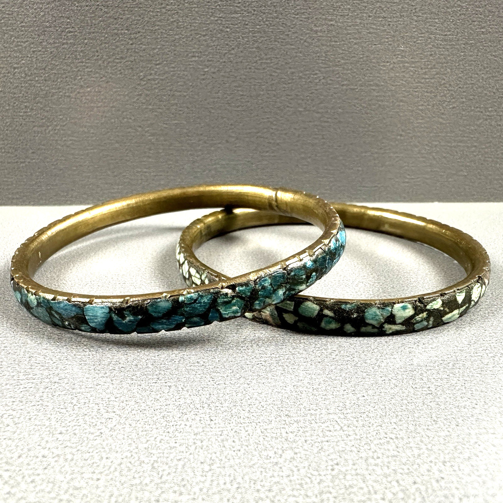 Vintage India Bangles Bracelet Mosaic Stone Brass Blue Green Inlay Set of 2