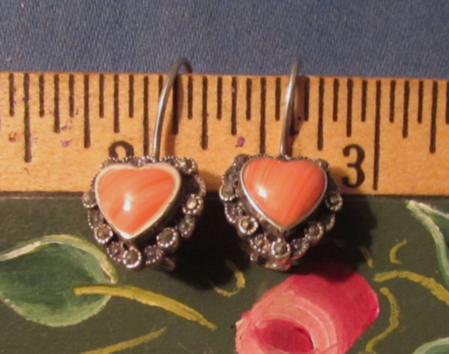VINTAGE STERLING SILVER SIGNED FAS CORAL & MARCASITE HEART SHAPE EARRINGS