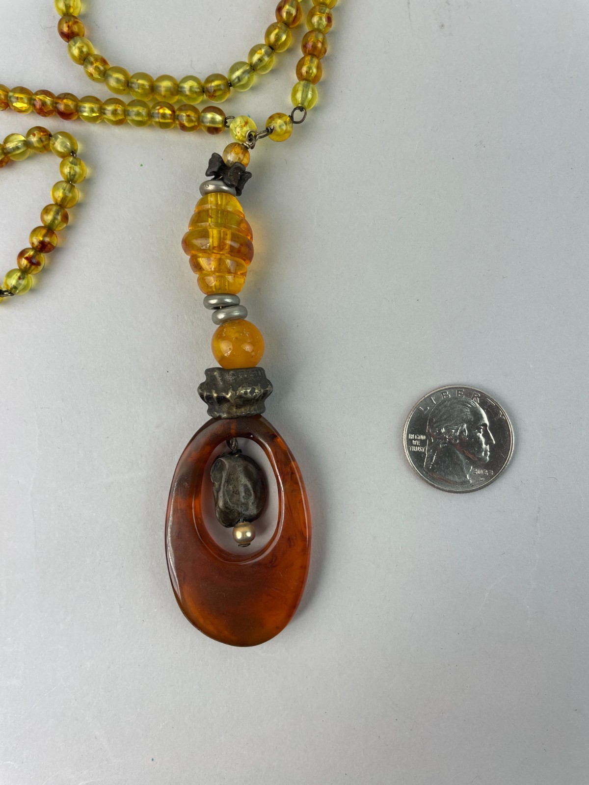 VTG. Giorgio Armani Amber Resin Metal Beaded LONG Pendant Necklace 39″