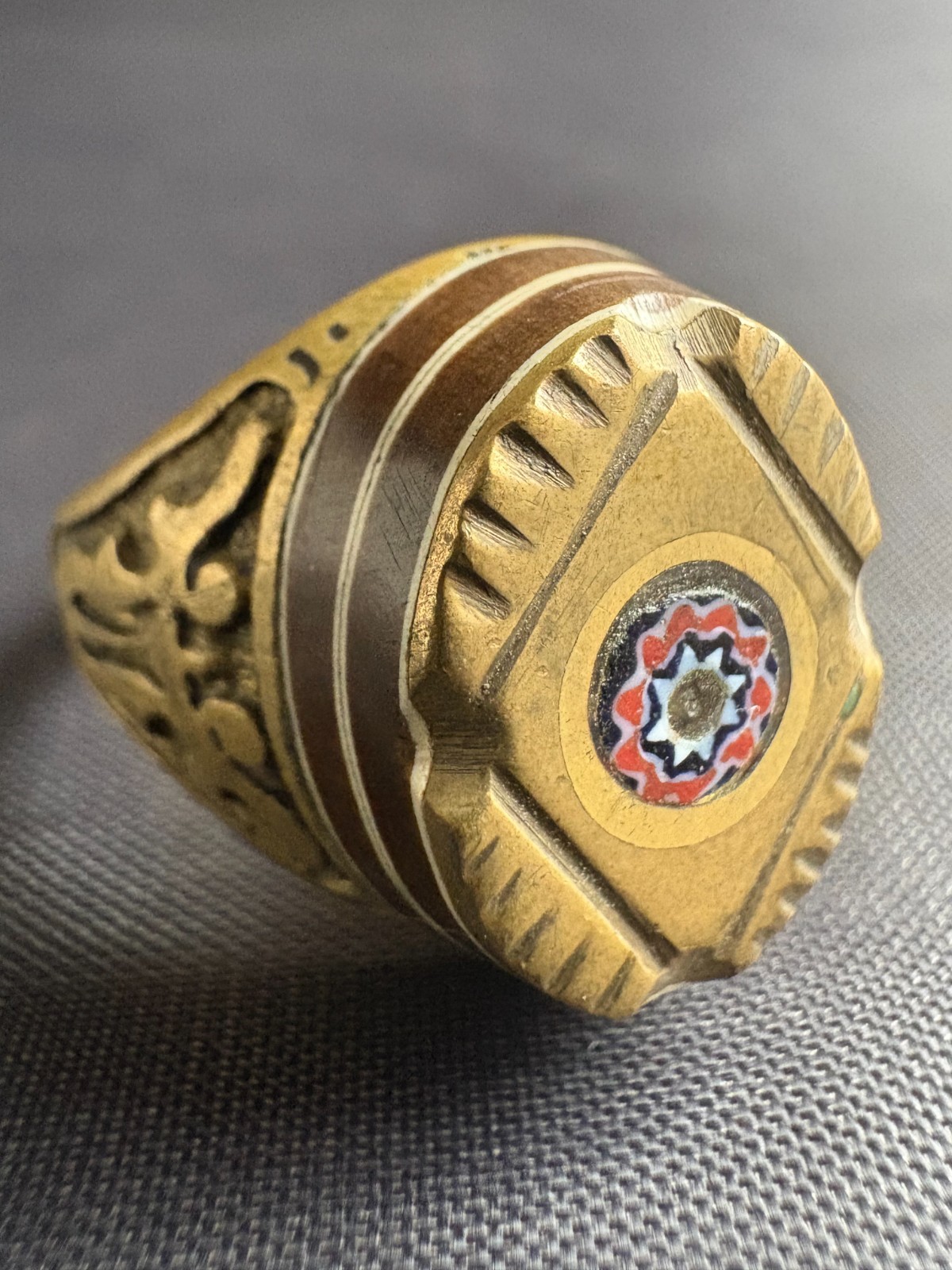 Handmade Tuareg Brass Ring Geometric Patterns & Rosette Motif Ring Size 11 US