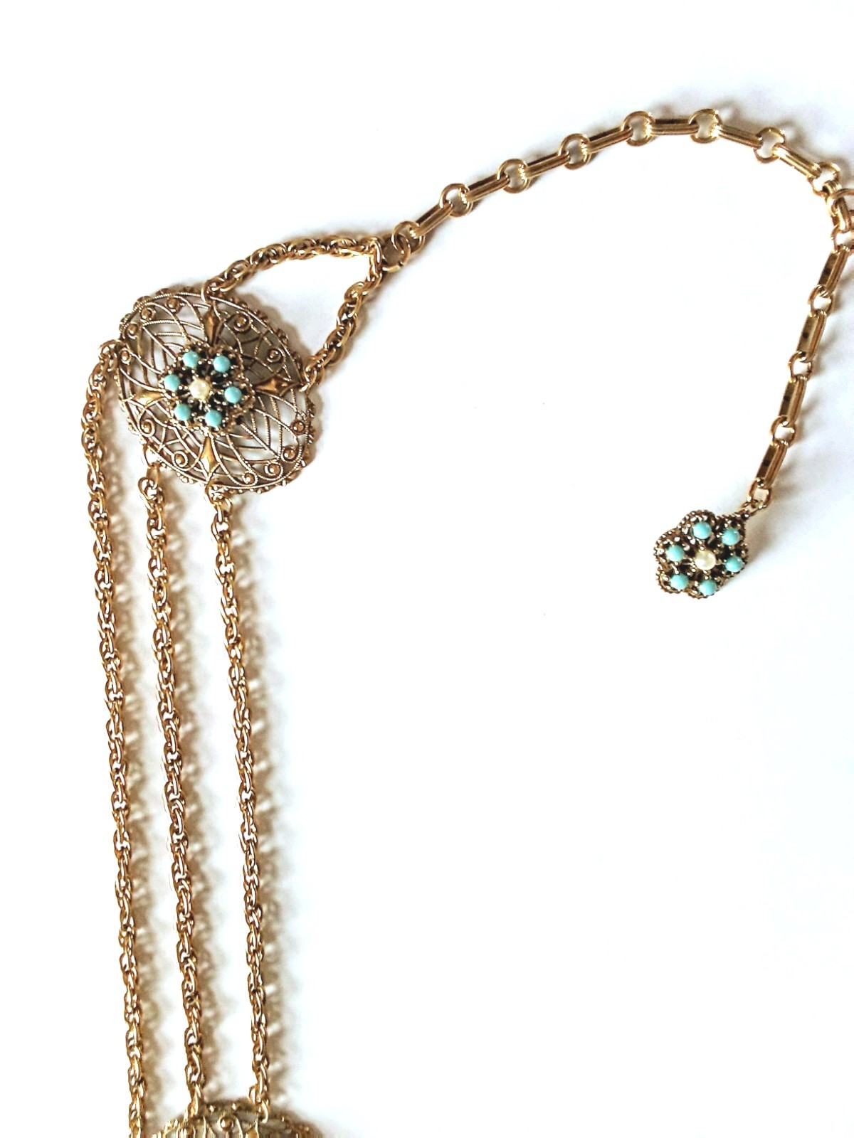Vintage Gold Tone Chain With Faux Turquoise And Pearl Necklace Or Belt