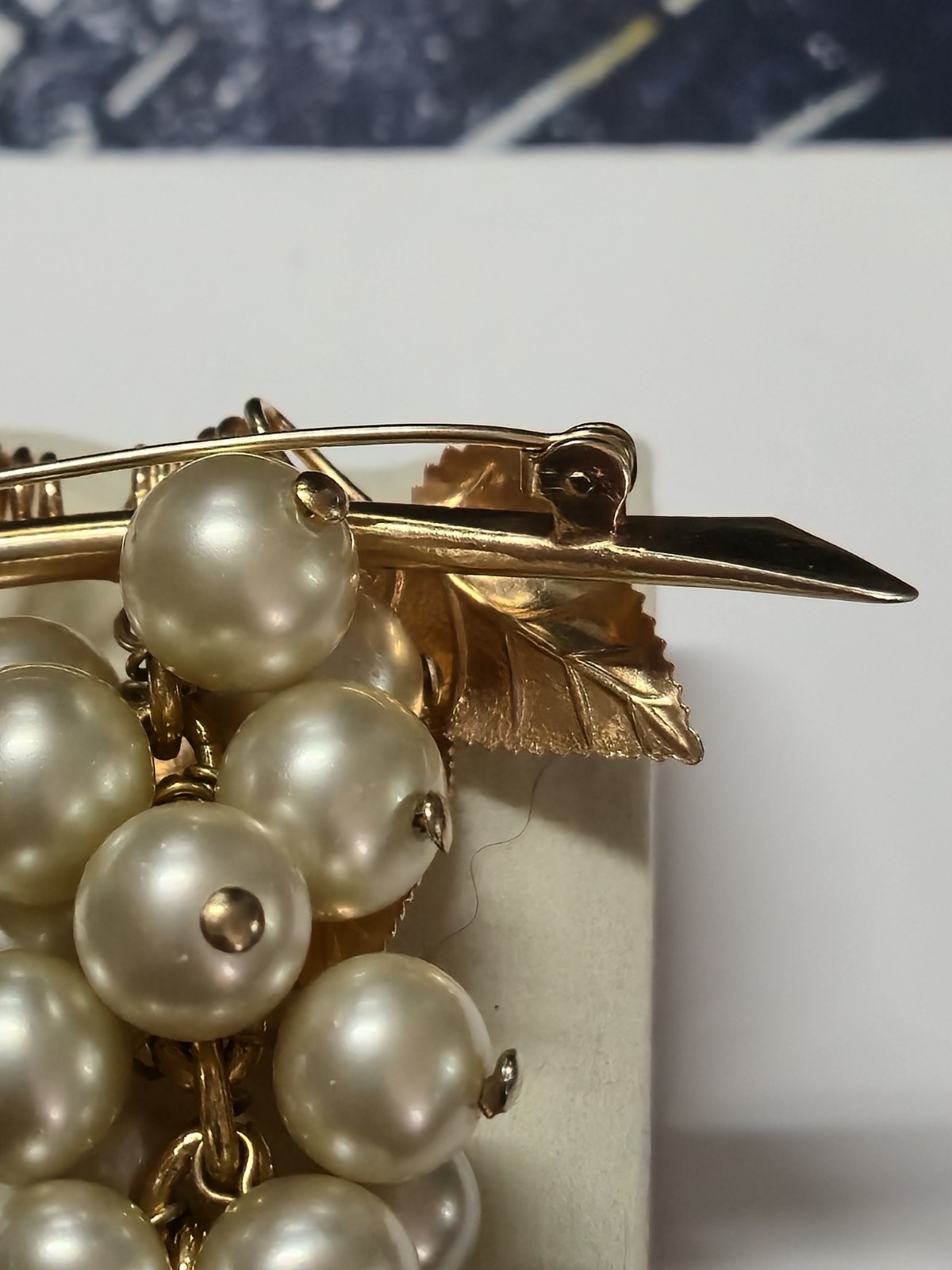 Vintage 1940s Gold Plated Faux Pearl Brooch In Form Of A Bunch Of Grapes