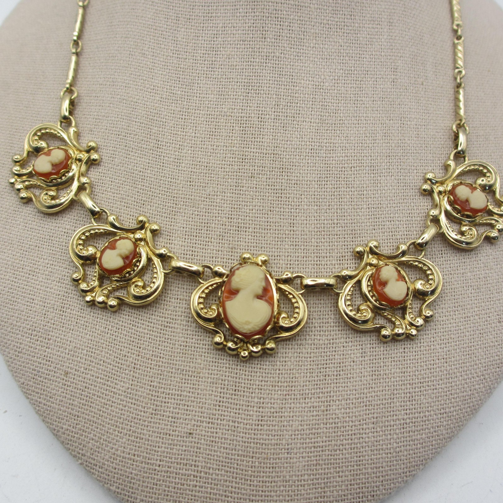 Vintage Cameo Necklace Victorian Revival Gold Tone 16 Inch