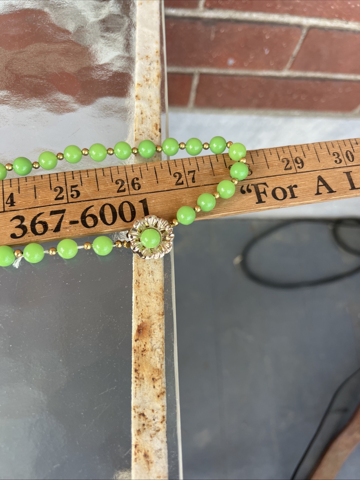 MCM Lime Green & Gold Bead Necklace with Matching Clip On Earrings Vintage Set