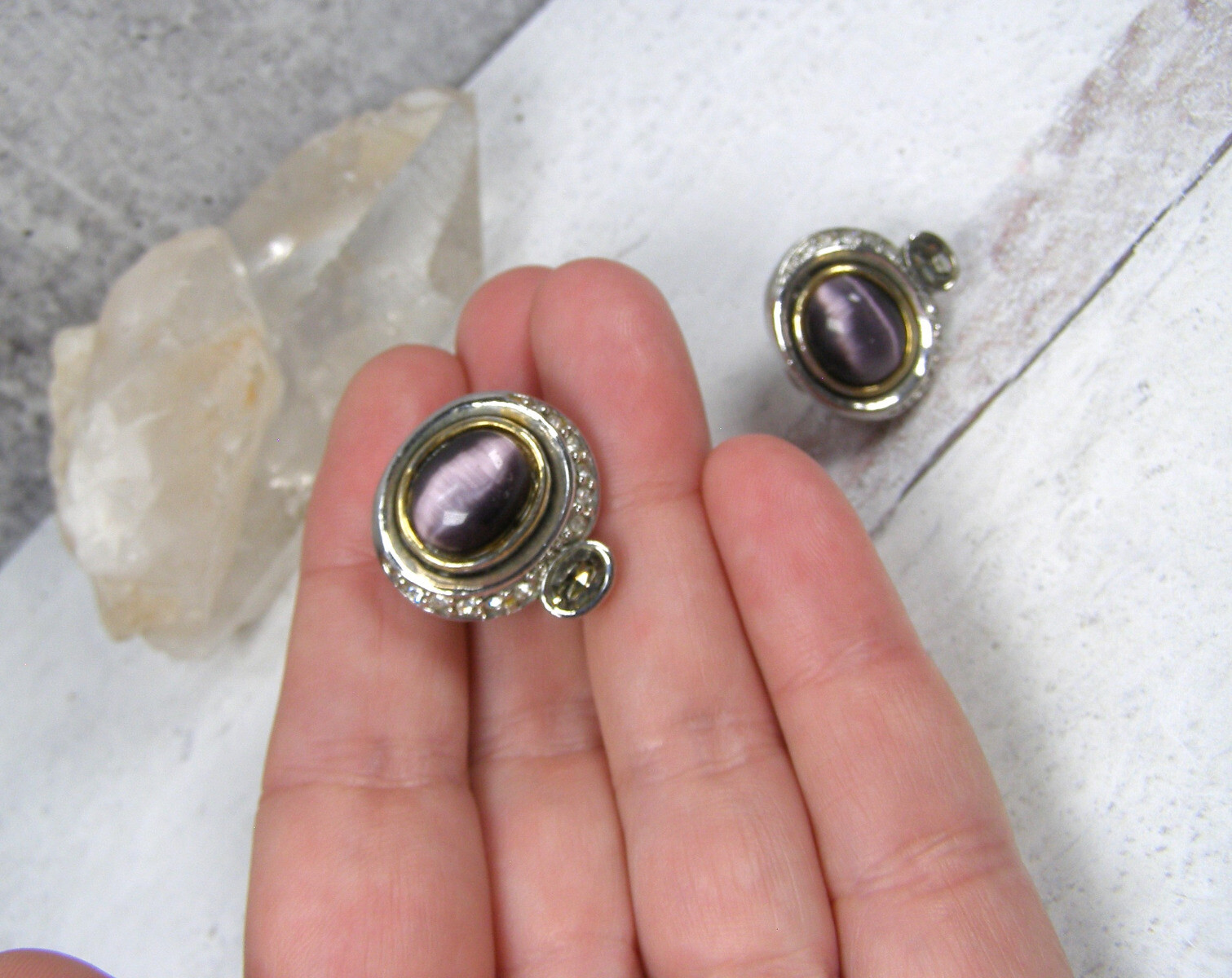 Vintage MX Silver Gold Tone Purple Cat Tigers Eye Piereced Earrings Rhinestone