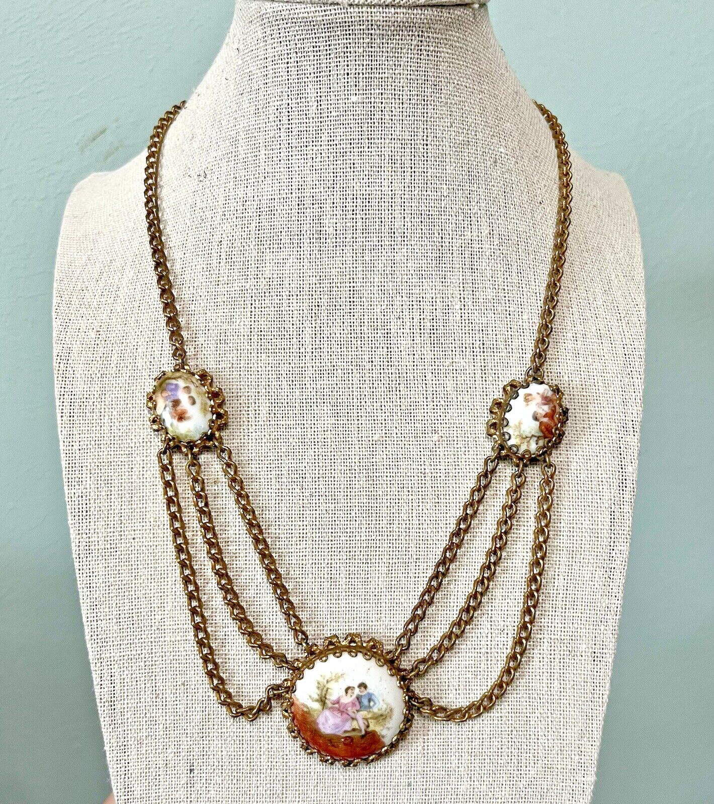 VTG Porcelain Festoon Necklace Transferware Courting Couple Statement Necklace