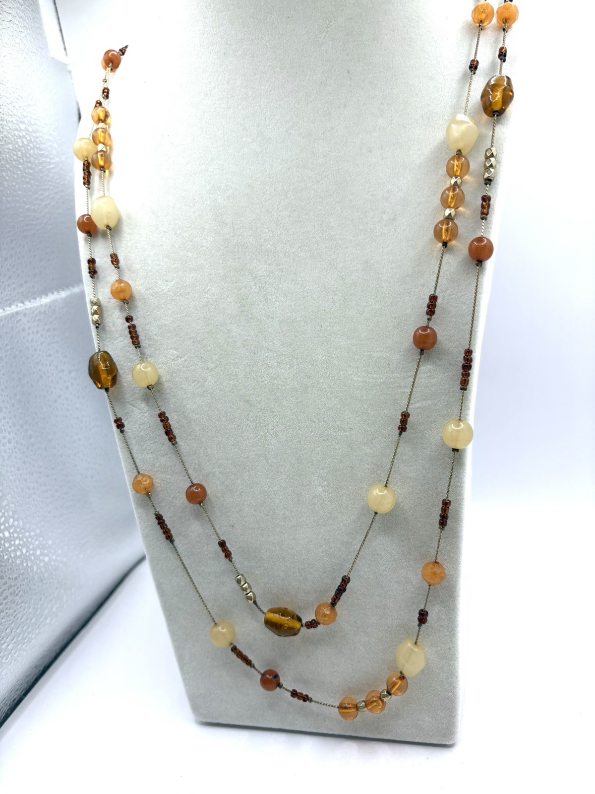 Amber & Honey Colored Glass Gold Tone Stationed Long Necklace By Designer VCLM