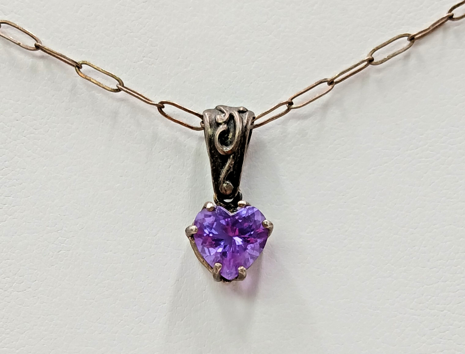VTG 925 Amethyst CZ Heart Pendant Necklace 24in Sterling Silver 4gtw Scroll Bail