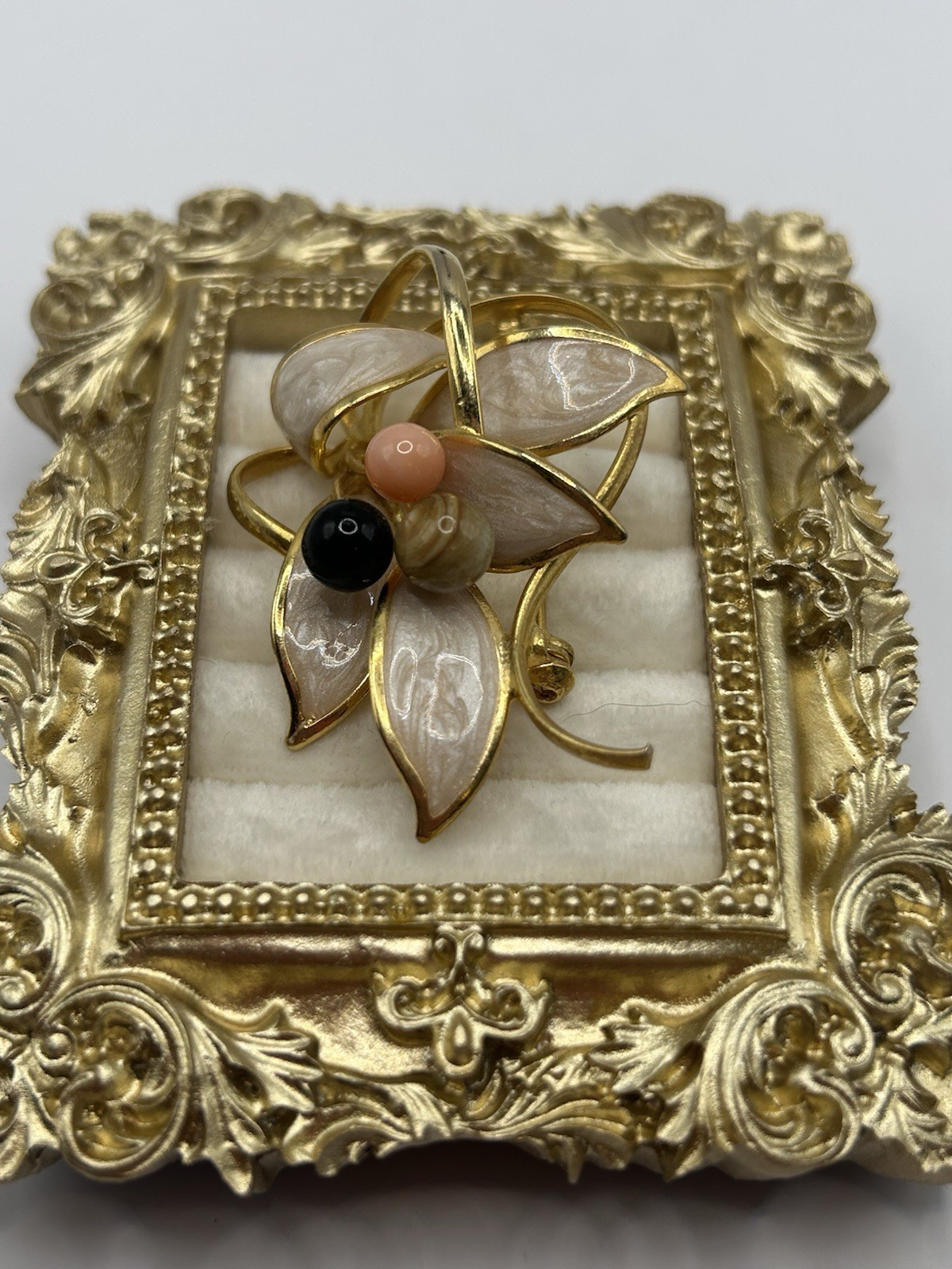 Vintage Leaf Brooch Gold Tone Enameled Light Pink Black Beaded 3D Leaves Pin