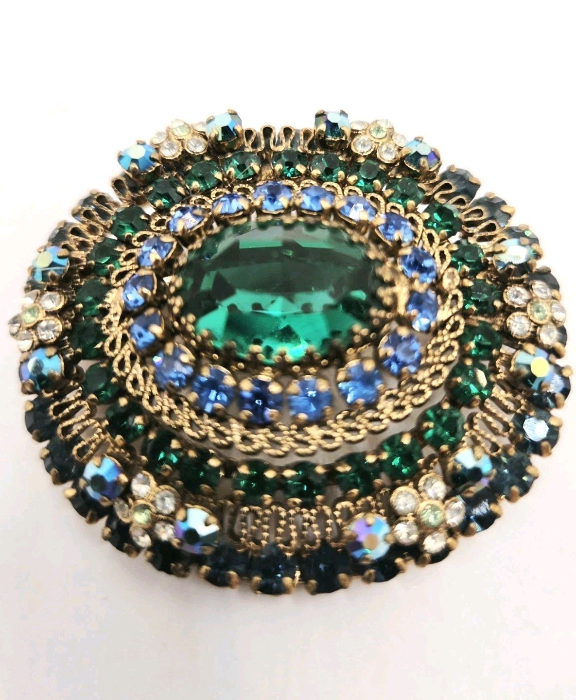 Vintage Brooch Austrian Blue Green Multi Colored Rhinestone Oval Stunning 0318