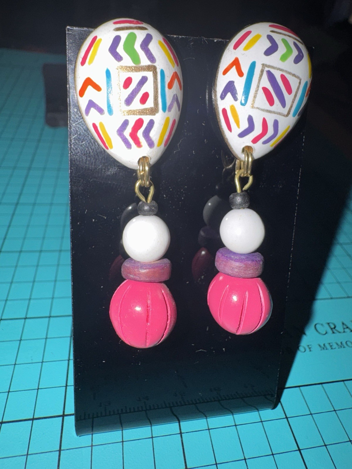 Vintage 90s Hand Painted Colorful Dangle Drop Earrings Pink White Purple Gold