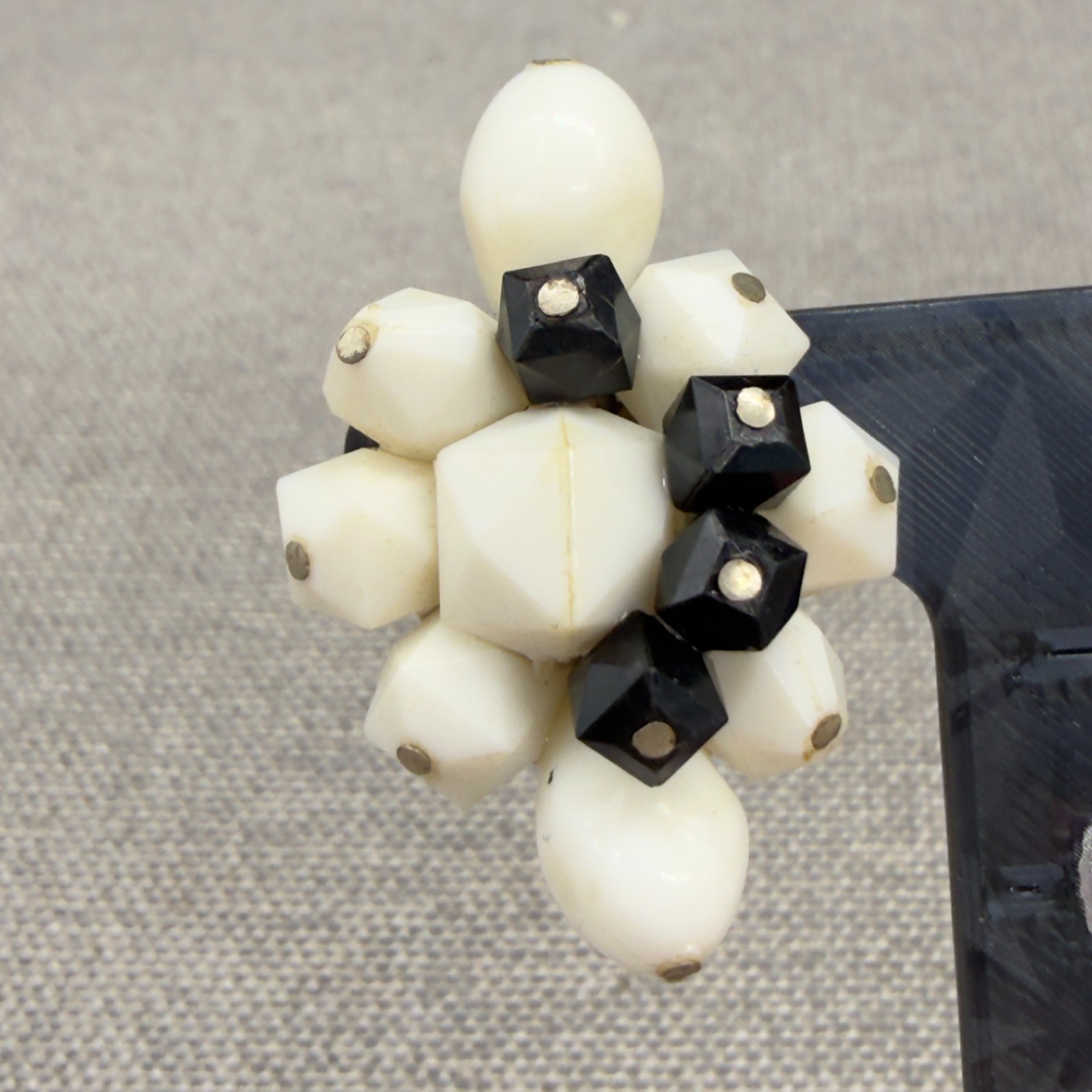 Vintage Acrylic Earrings Western Germany Black Cream Cluster Clip Ons