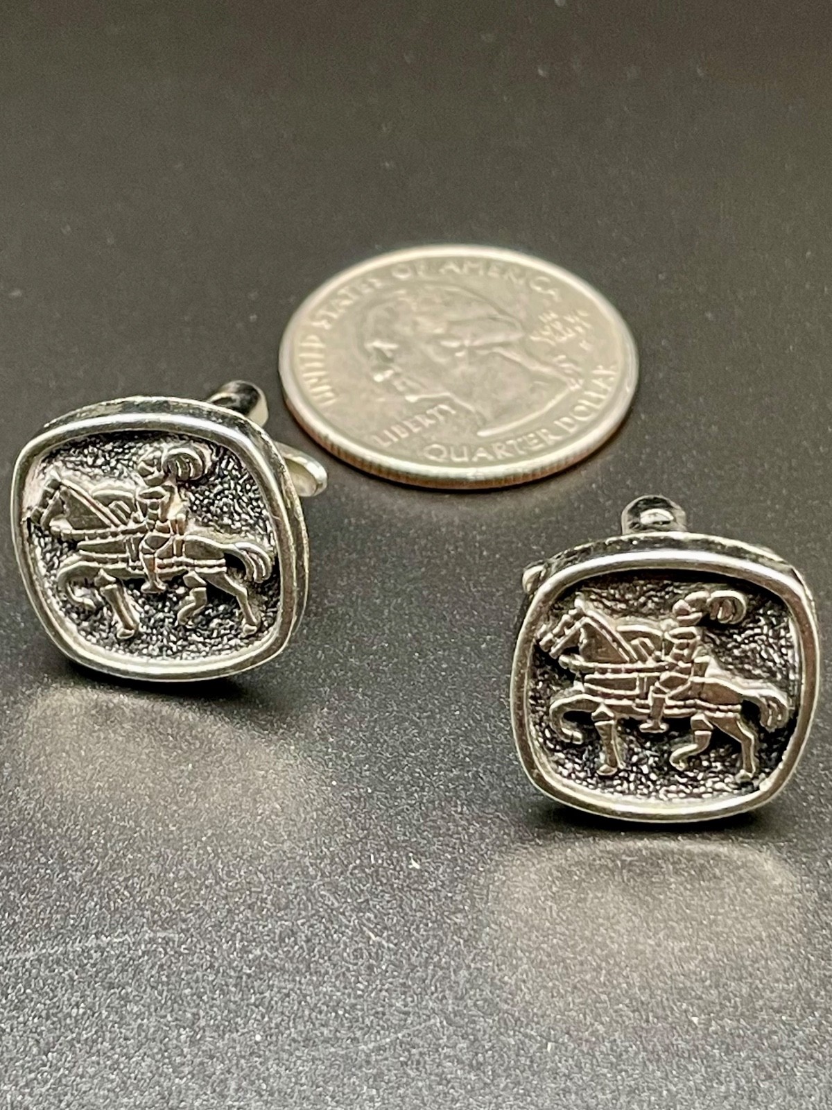 Vintage Knight Horseman Cufflinks Silver tone Black Granule Heraldic