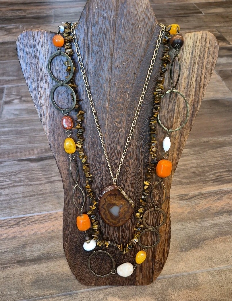 Vintage Stone & Mixed Metal Necklaces, Chipped Tiger’s Eye & Agate Slice Pendant