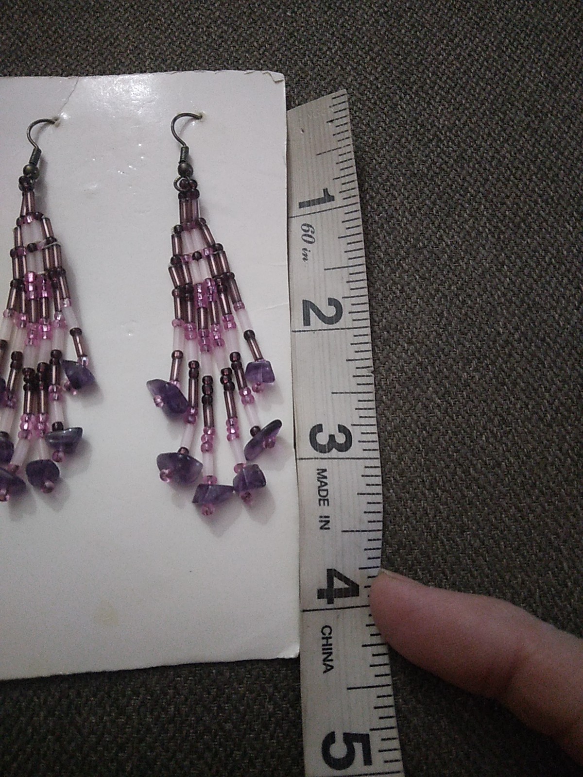 Vintage Dangle Seed Bead Beaded Earrings Long Purple Pink White 3.25″Long