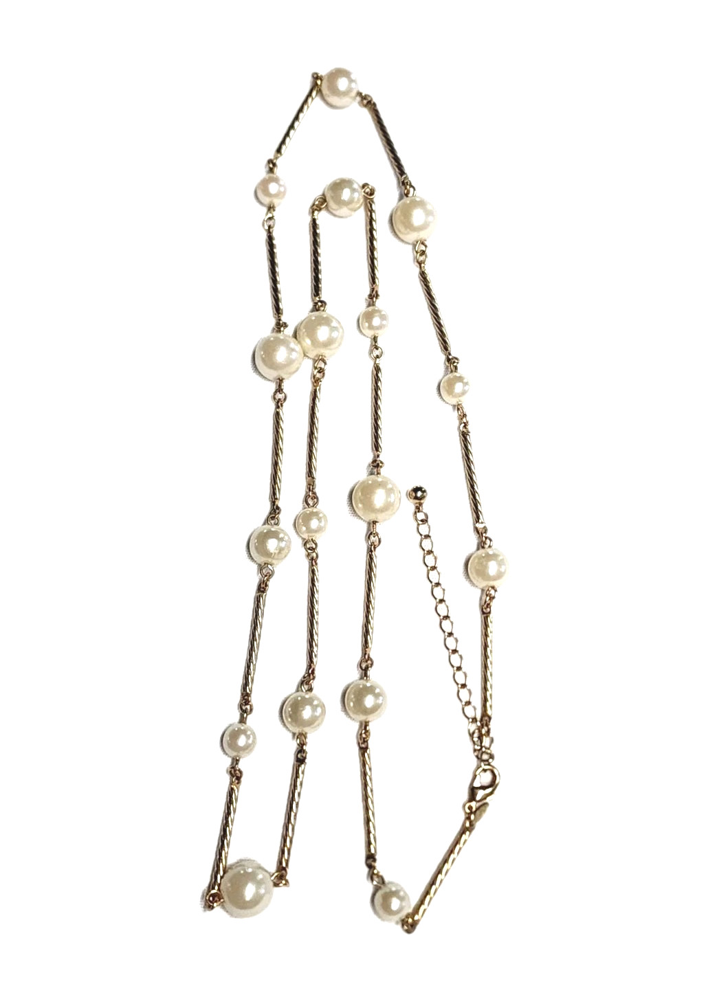 VTG AVON SH Gold Tone Twisted Bar Link & Cream White Faux Pearl Station Necklace