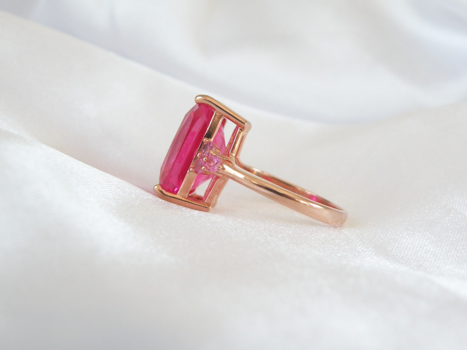 Sterling Silver 925 Rose Gold Large Lab Created Pink Sapphire Ruby Ring Size 10
