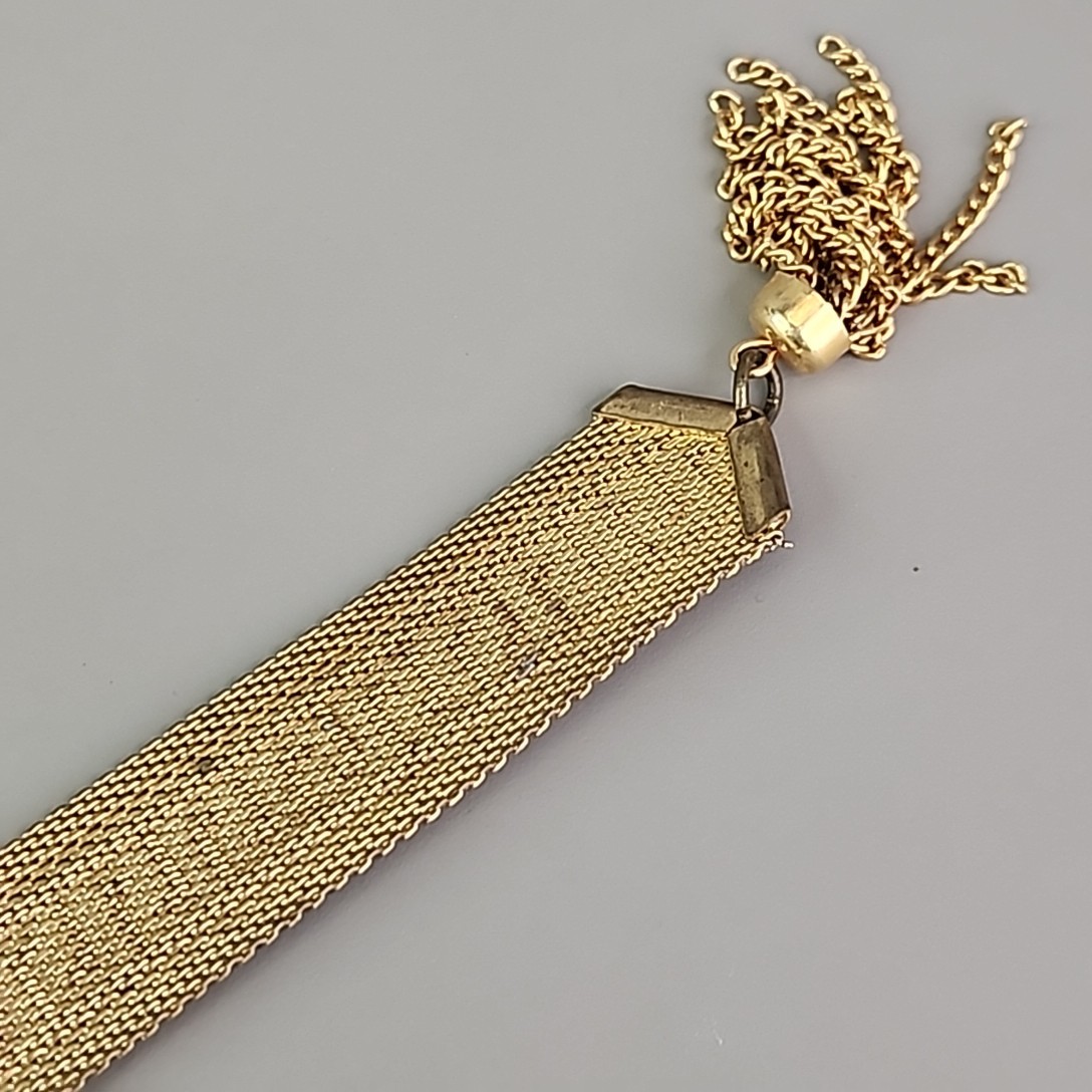 Vintage Mesh Chain Bracelet Victorian Revival Greek Key Tassel Gold Tone 7.25″